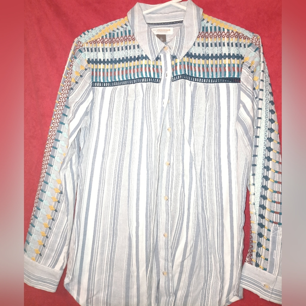 Anthropologie The Cate Classic Buttondown Embroidered Stripe Shirt MP